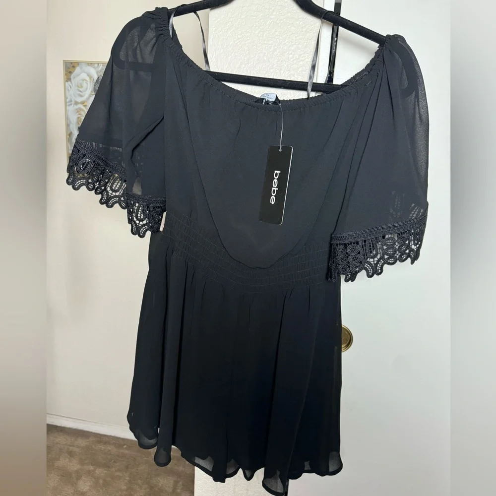 bebe Off Shoulder Lace Detail Romper